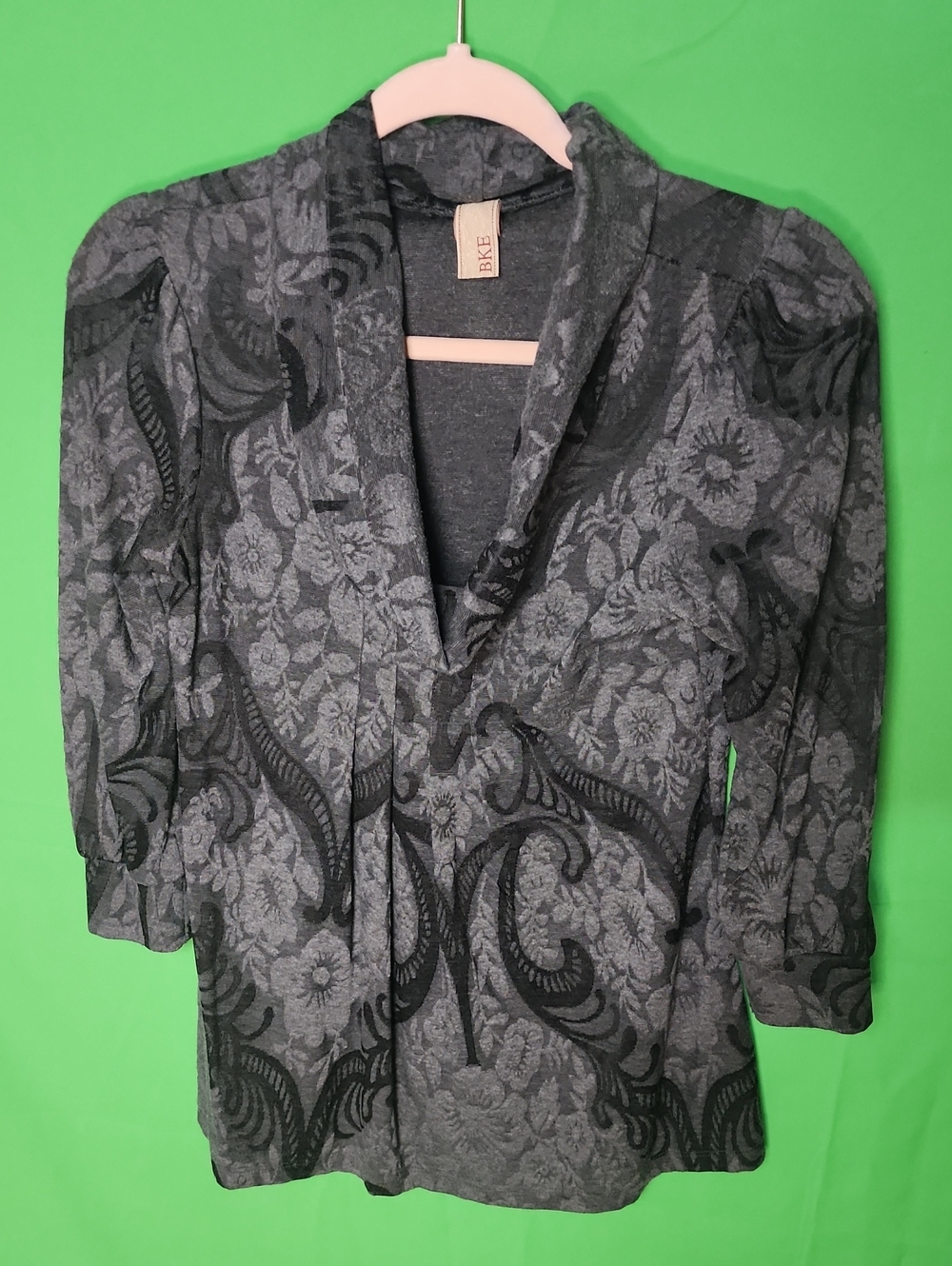 BKE Charcoal Gray Floral Cowl Neck 3/4 Sleeve Top Size M